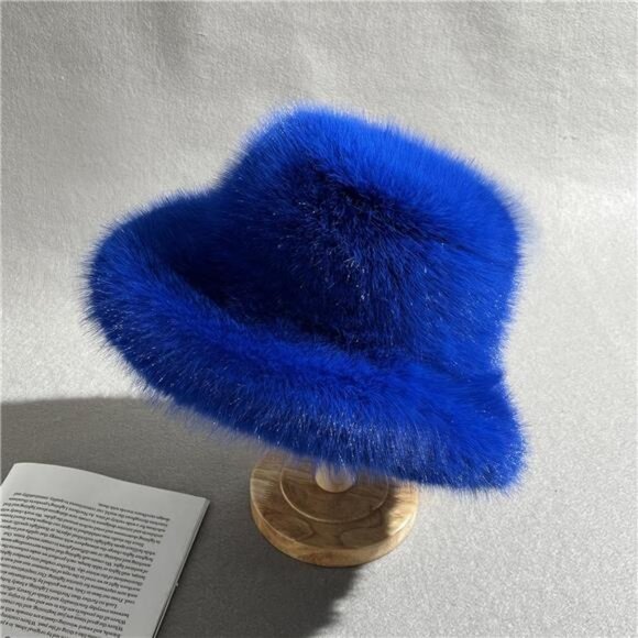 Luxury Faux Fur Bucket Hat for Women Royal Blue - Picture 3 of 7